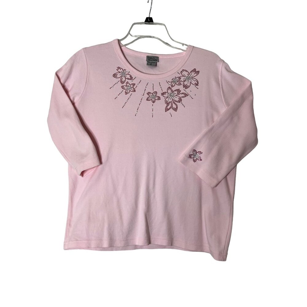 Isaac's Designs Pink Long Sleeve Shirt W/ Floral Rhinestones M Combed Cotton